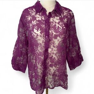 Vintage Sheer Lace Button-Up Blouse – Purple Floral See-Through Top